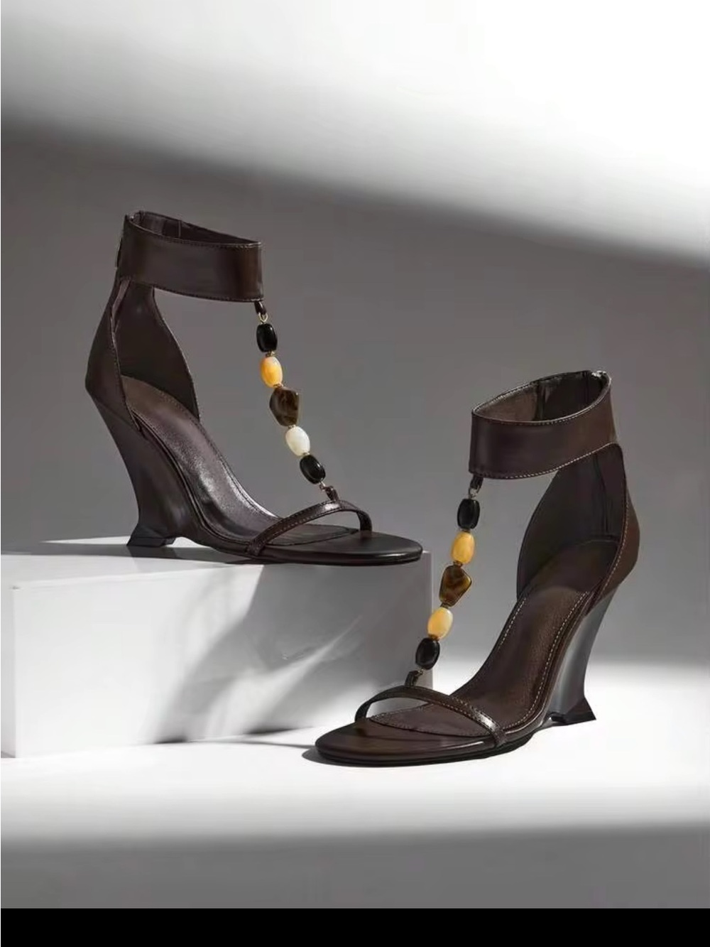 Shein Brown leather wedge sandals with beaded strap